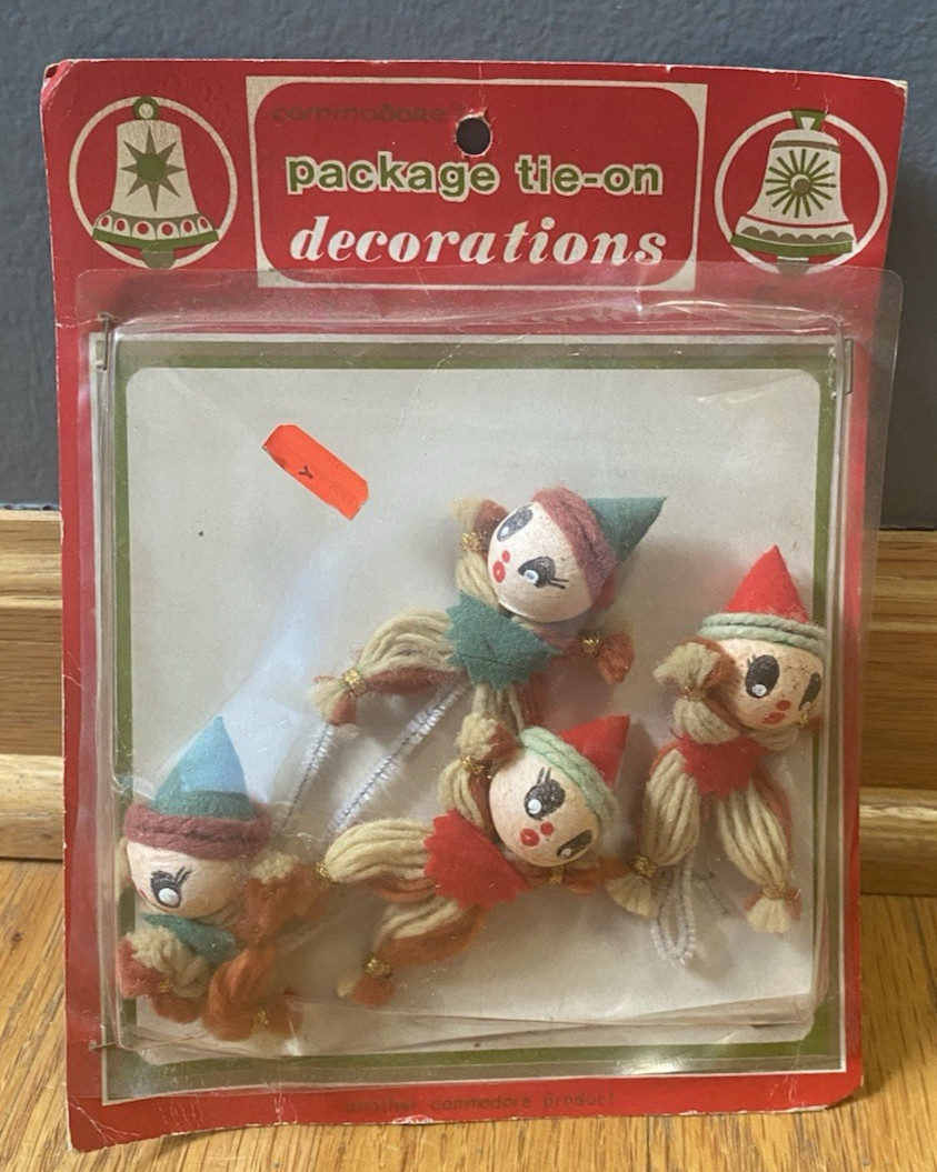 Vintage Commodore Christmas Flocked Pixie Elves Gift Package Tie On Decorations Vintage Commodore Christmas Flocked Pixie Elves Gift Package Tie On Decorations