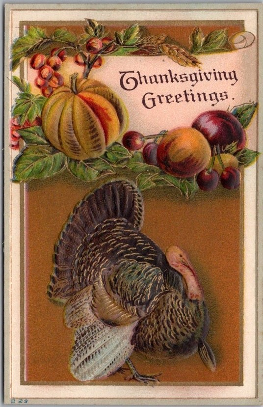 c1910s THANKSGIVING GREETINGS Embossed Postcard Turkey, Pumpkin & Fruit - UNUSED c1910s THANKSGIVING GREETINGS Embossed Postcard Turkey, Pumpkin & Fruit - UNUSED
