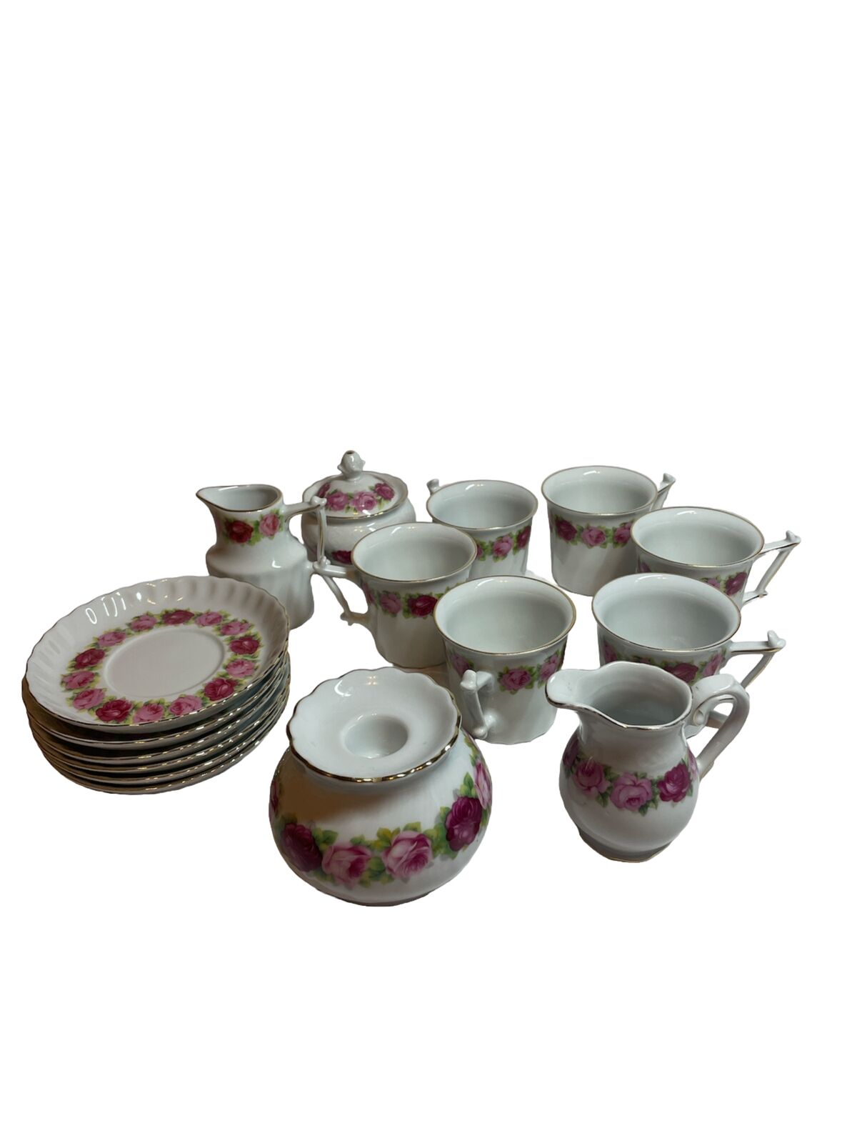 Rare Winterling Bavaria tea/coffee/demitasse set Pink Roses, ca 1950s-1970s