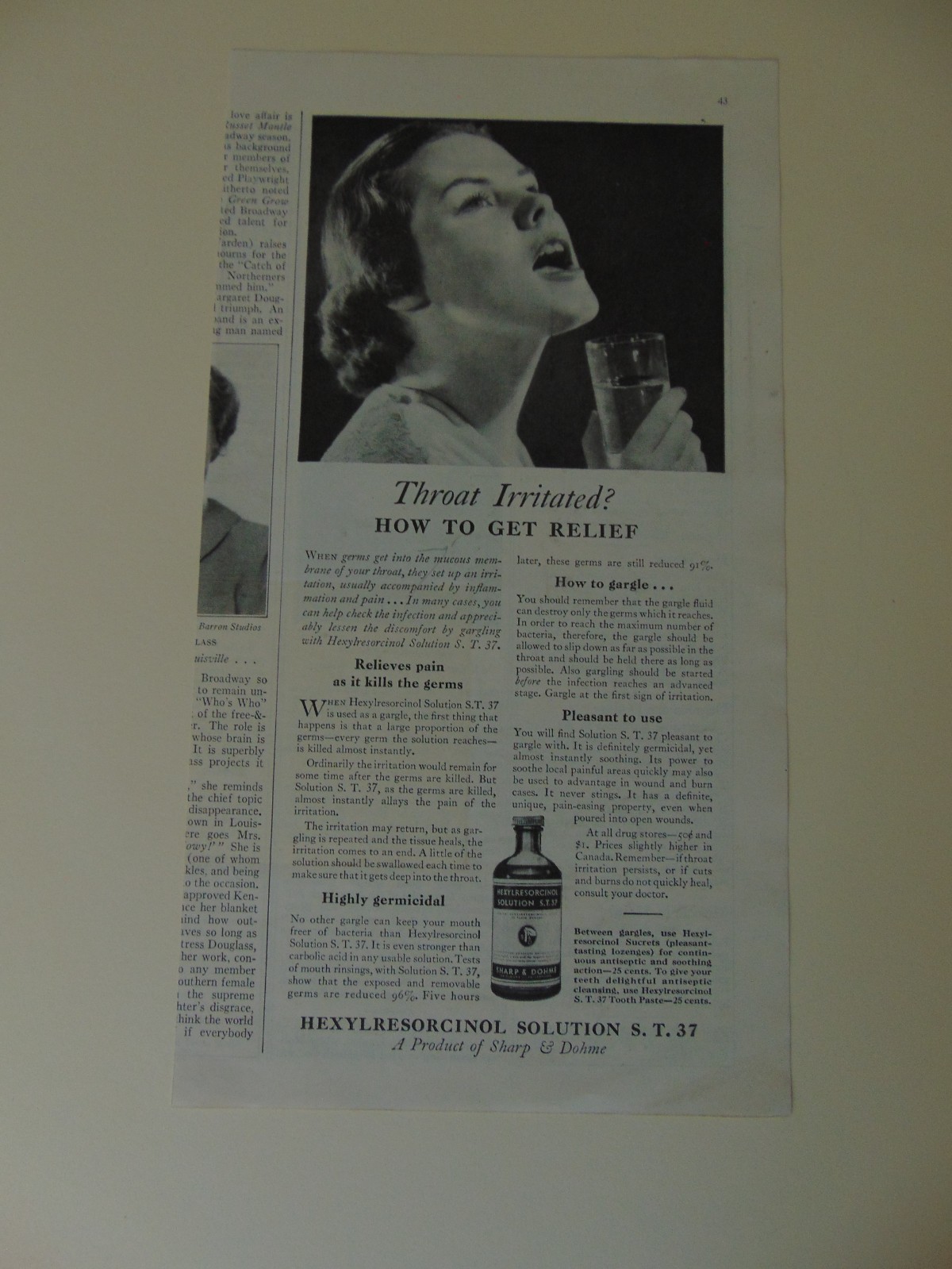 1936 HEXYLRESORCINOL SOLUTION S.T. 37 For Irritated Throat ~ magazine print ad 1936 HEXYLRESORCINOL SOLUTION S.T. 37 For Irritated Throat ~ magazine print ad