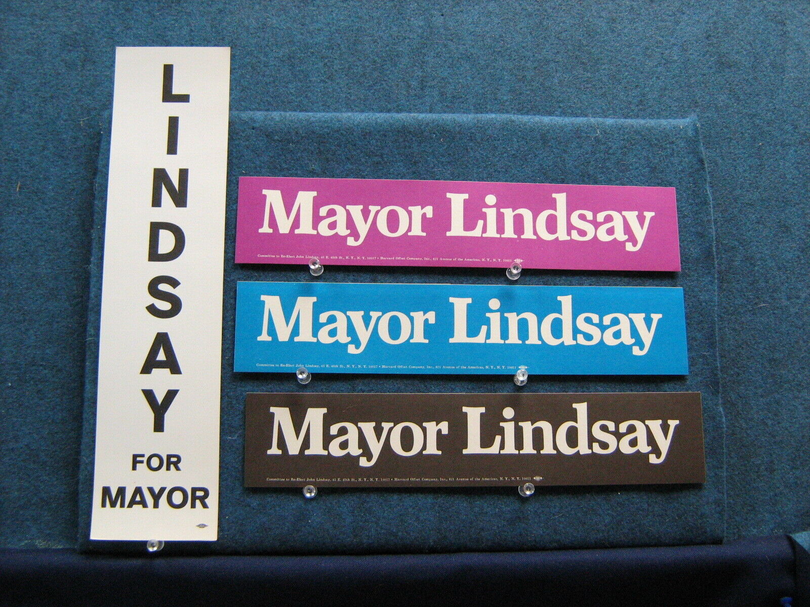 (4) 1969 Re-Elect Mayor Lindsay NYC Politics - 3 Bumper stickers & Paper Ribbon