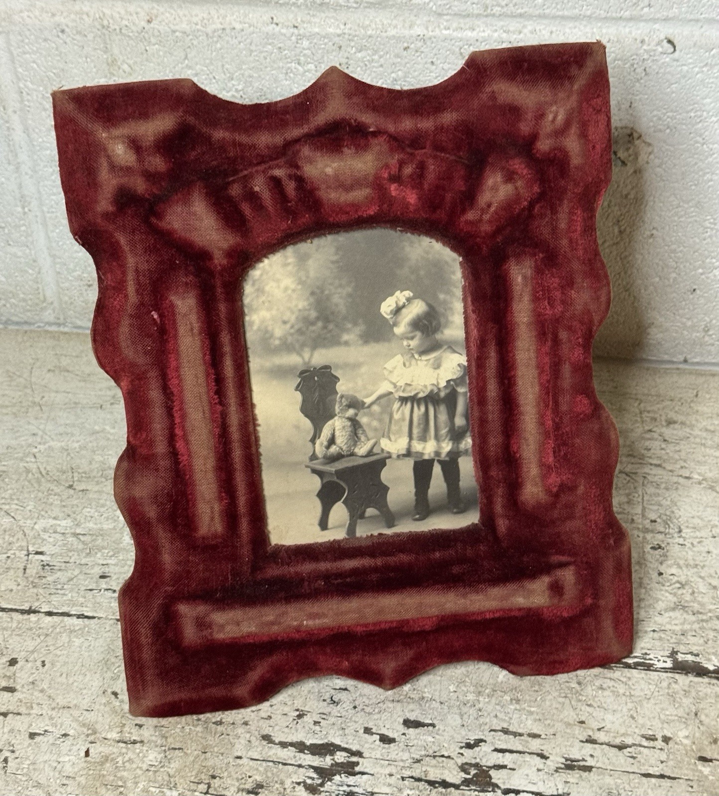 Antique Victorian Red Velvet Photo Picture Frame Easel Little Girl Teddy Bear
