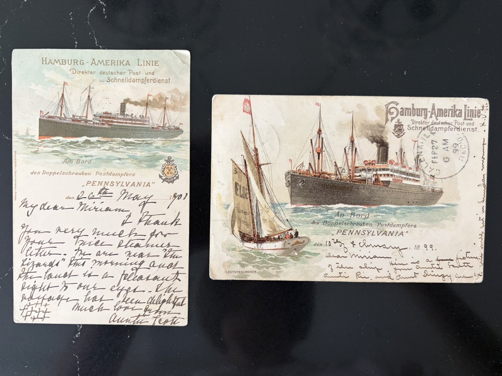 2 Antique 1899 1901 Hamburg America Line SS Pennsylvania Postcards Posted