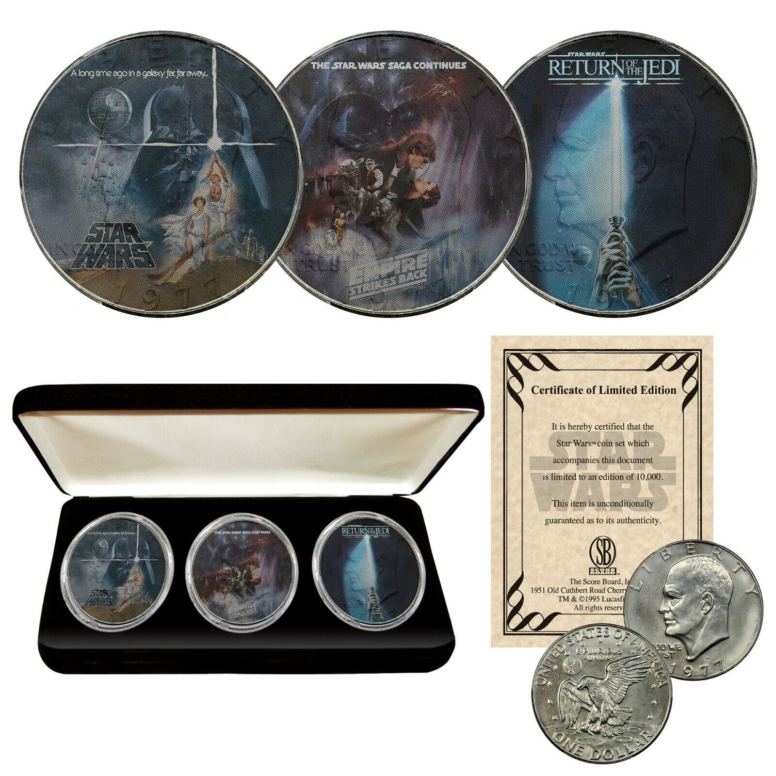 1977 Star Wars Trilogy Orginal Movies 3-Coin Set 1977 IKE U.S. $1 Dollars w/ BOX