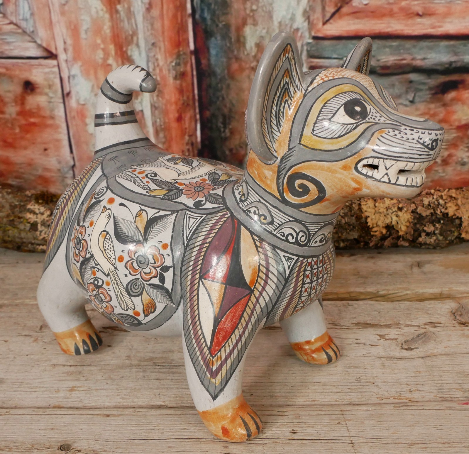 Colima Dog Tonala Burnished Pottery Deer Bird & Flowers Handmade Mexico Folk Art