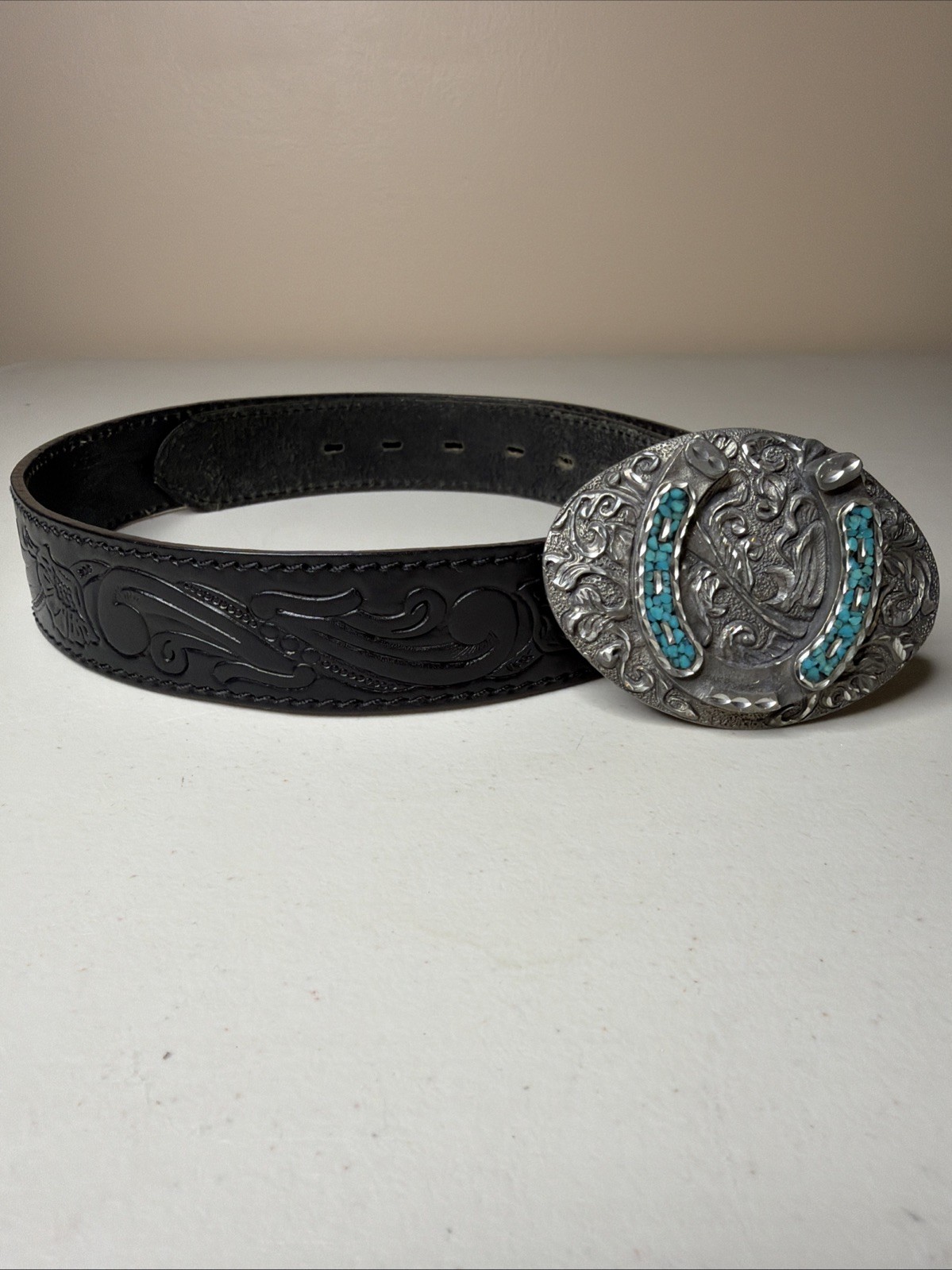 1995 Navajo Western Leather Belt & Buckle Turquoise Coral Native American 36"