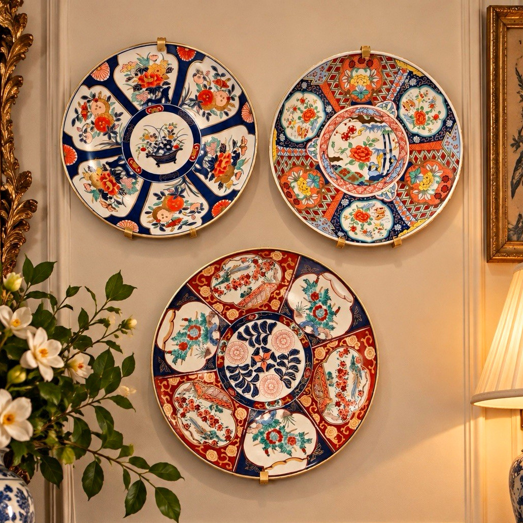 Vintage Japanese Gold Imari Hand Painted Porcelain Curated Plate Wall Set of 3