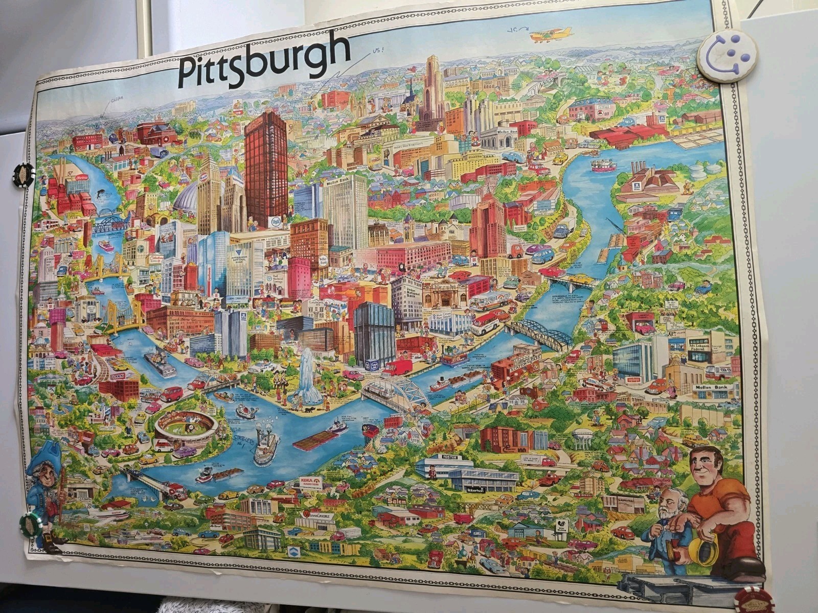 Vintage 1978 Pittsburgh City Character Print Map Poster Original Archar Cartoon 