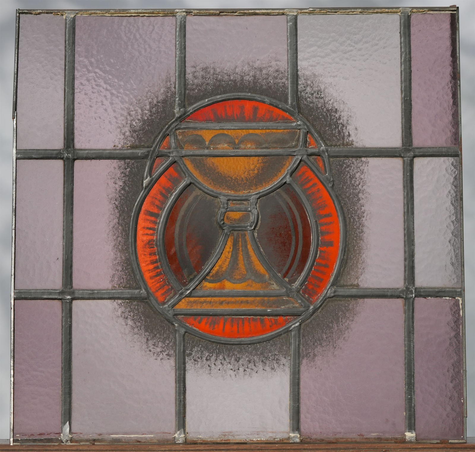 22" Antique Religious Church Leaded Stained Painted Glass Square Panel Chalice