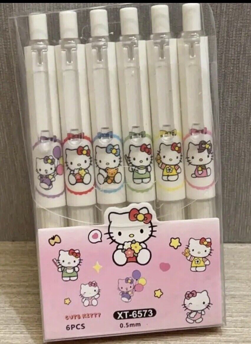 Hello Kitty Cute Kitty 6 Pcs Set Push Pens  Soft Hold 0.5mm Writing Pens New