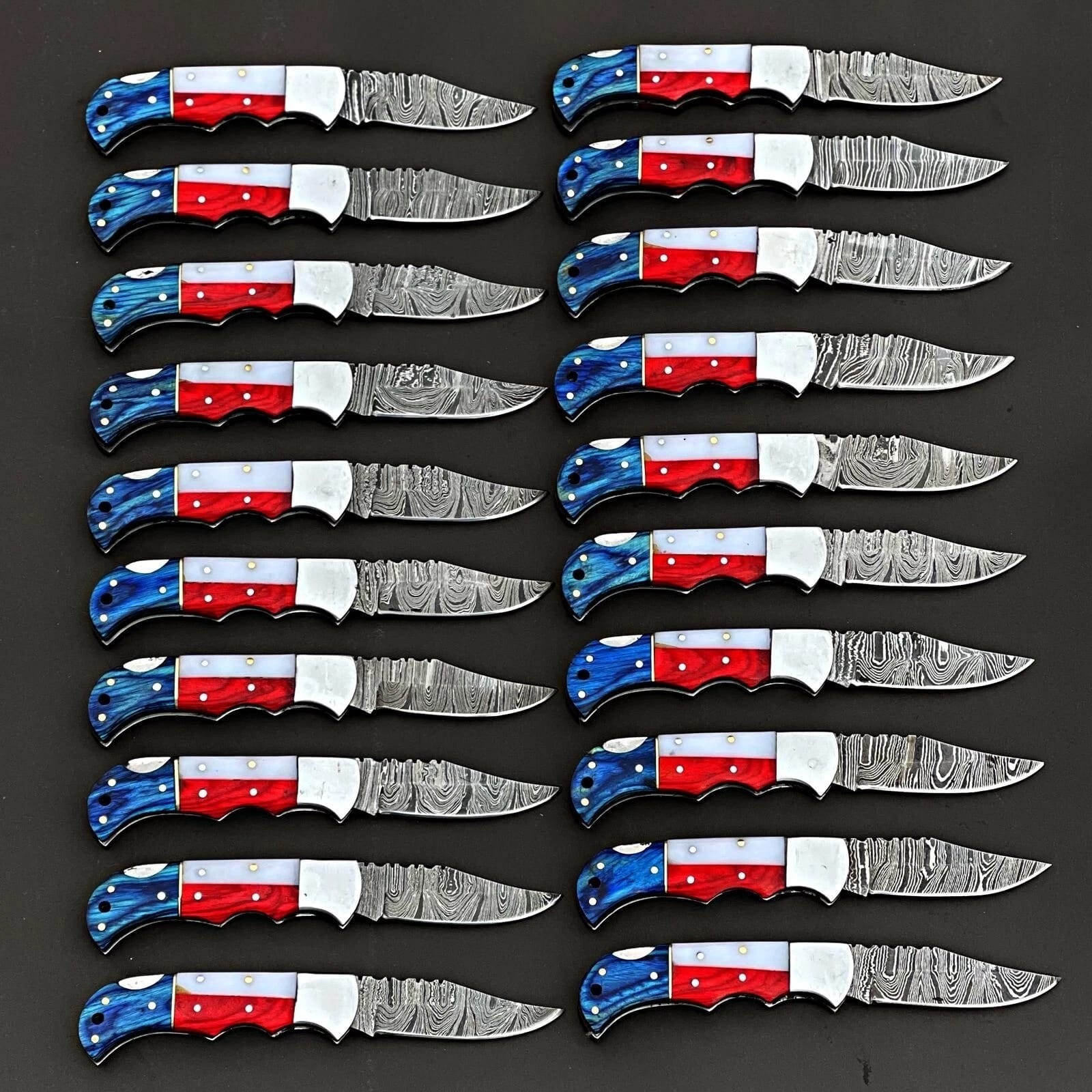 Lot of 20 Pcs Handmade Damascus Steel Folding Knives, Pocket Knives With Sheaths Lot of 20 Pcs Handmade Damascus Steel Folding Knives, Pocket Knives With Sheaths