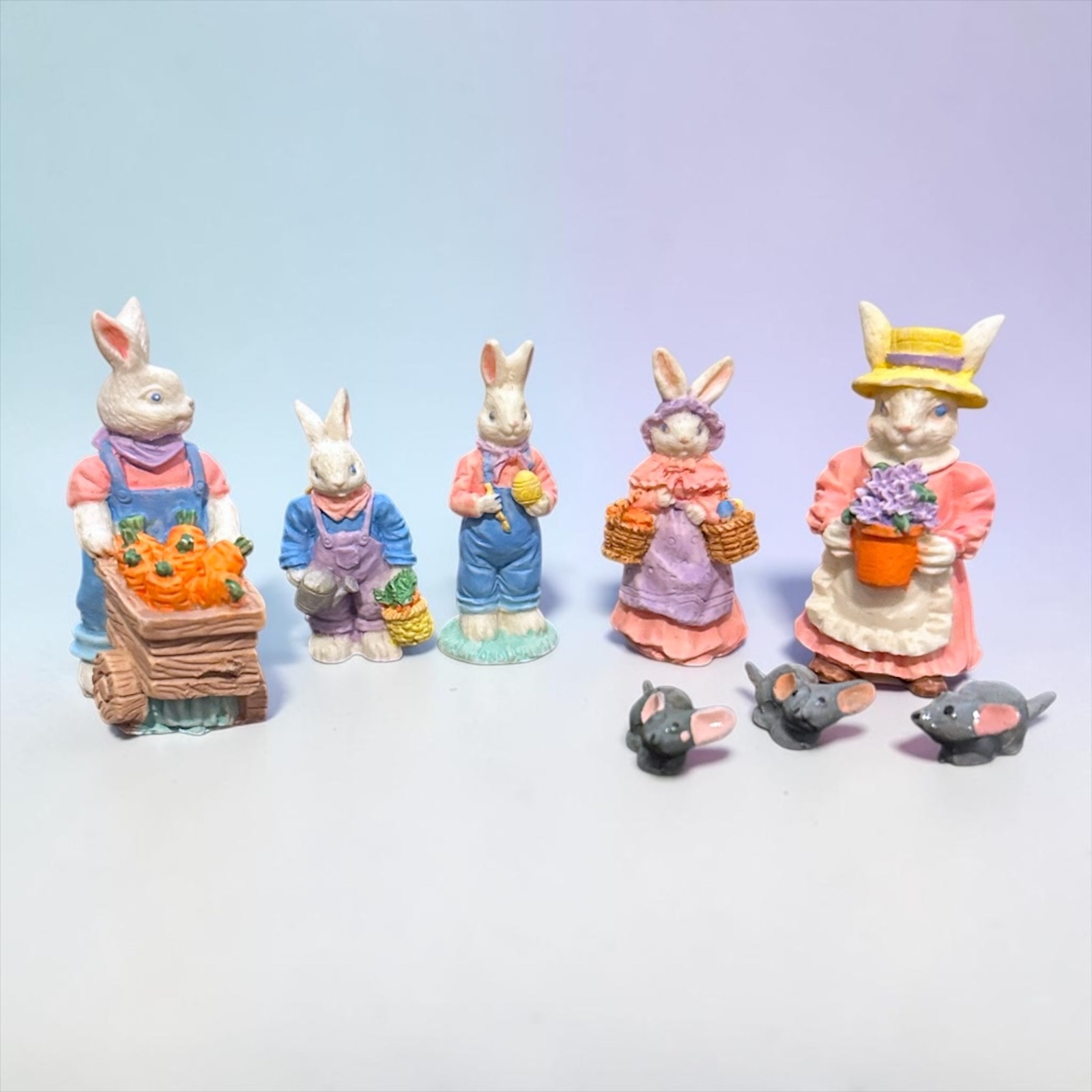 vintage TINY miniature Bunnies, Bunnies' Family - 1.5" to 2" tall- with mice
