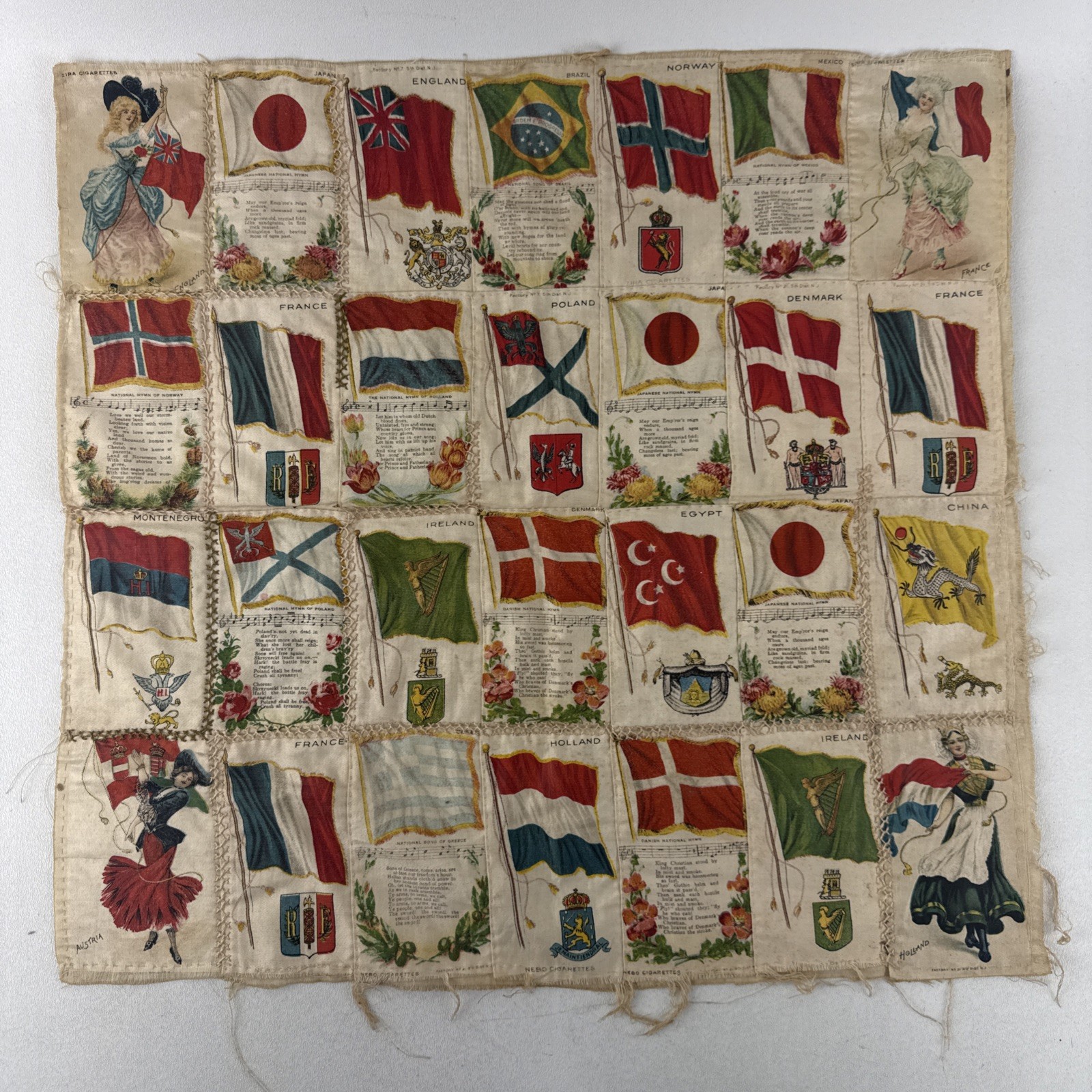 Antique c1910s NEBO ZIRA Cigarette Silk Quilt Flags Folk Art 18x18 Tobacco