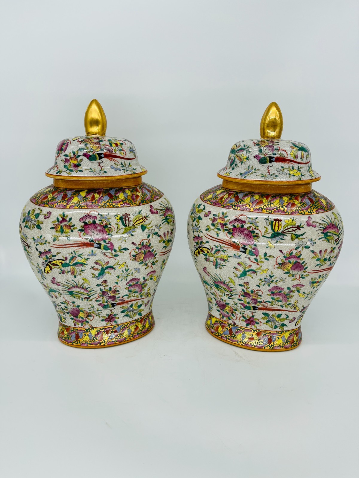 Vintage Pair Asian Chinoiserie Bird Pink Temple Ginger Jars