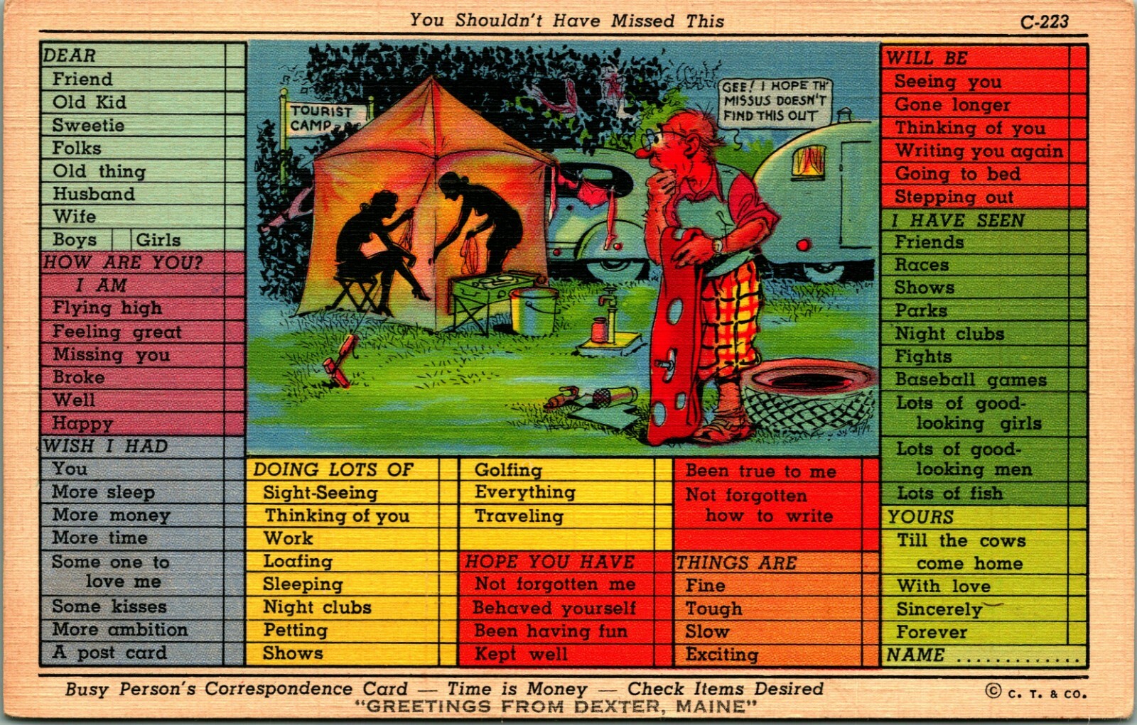 Comic Camping Checklist Greetings From Dexter Maine ME UNP Linen Postcard E8 Comic Camping Checklist Greetings From Dexter Maine ME UNP Linen Postcard E8