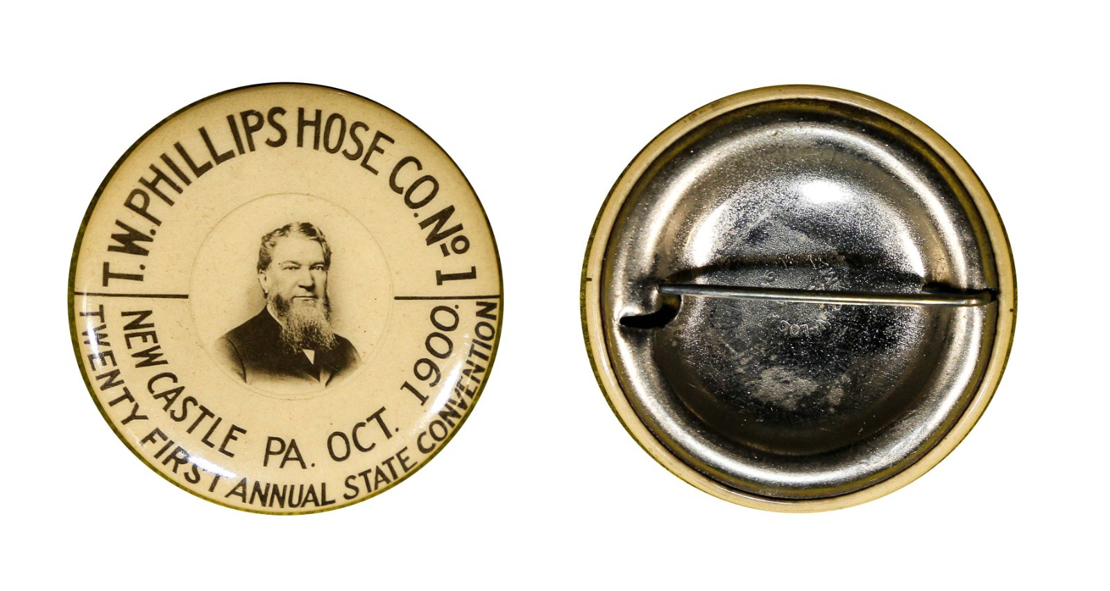 Antique 1900 Celluloid Pinback • T.W. PHILLIPS HOSE CO No. 1 NEW CASTLE PA Antique 1900 Celluloid Pinback • T.W. PHILLIPS HOSE CO No. 1 NEW CASTLE PA