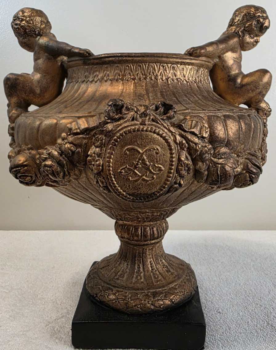 Vintage Milano Designs Twin Cherubs Bronze Gold Plaster Decorative Bowl Urn Used