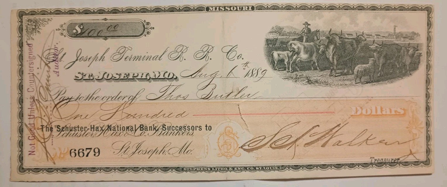 Vintage,Rare 1887 Antique Check Draft From The St. Joseph Mo. Terminal R.R. Co. Vintage,Rare 1887 Antique Check Draft From The St. Joseph Mo. Terminal R.R. Co.