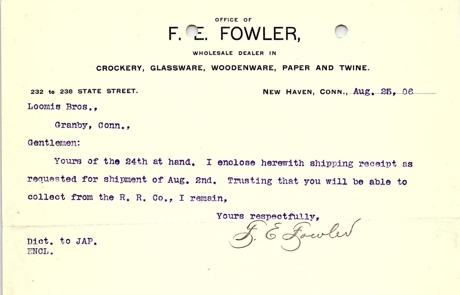 1906 F.E. Fowler New Haven CT Wholesale Letterhead 1906 F.E. Fowler New Haven CT Wholesale Letterhead