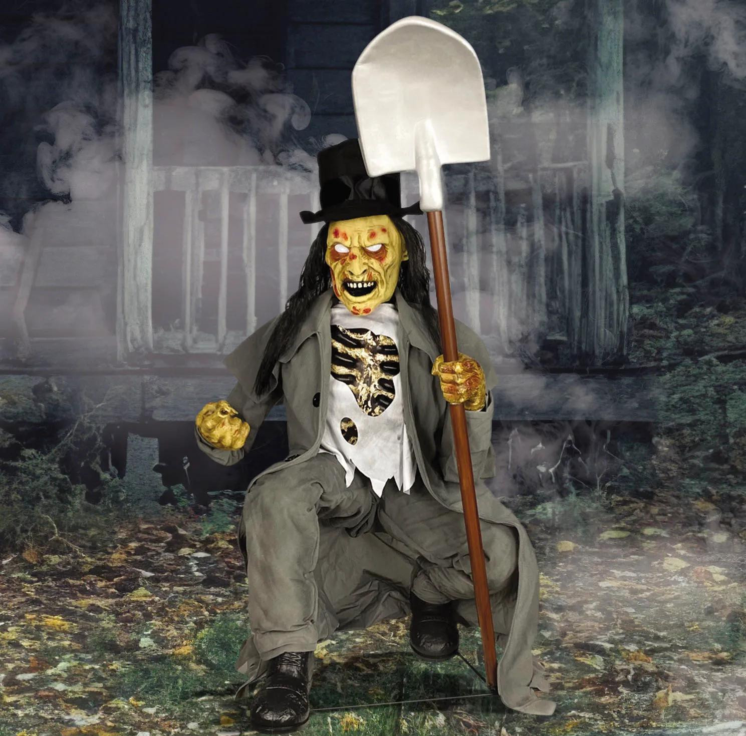 Animated Light-Up Crouching Grave Digger with Sound Halloween Decoration