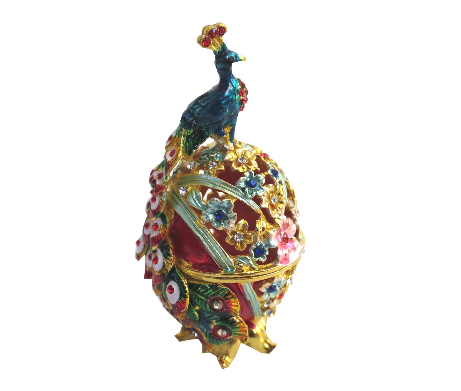 Bejeweled " Peacock on Faberge Egg " Hinged Metal Enamel trinket Box