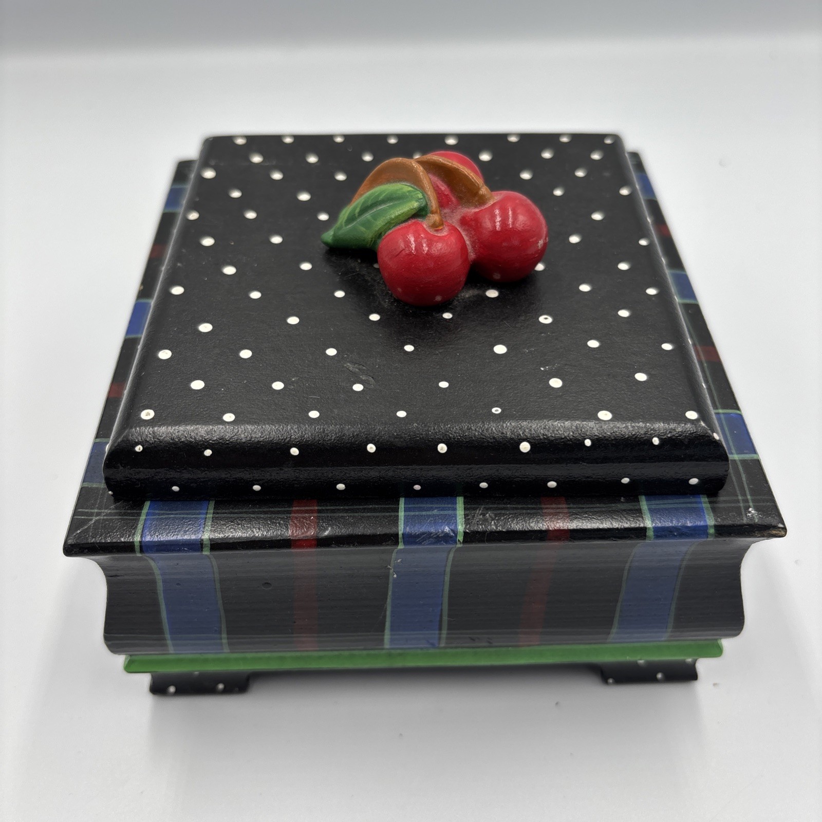 VTG Handcrafted Wooden Box w/ Lid Cherries on Lid Polka Dot Striped Signed 1996 VTG Handcrafted Wooden Box w/ Lid Cherries on Lid Polka Dot Striped Signed 1996