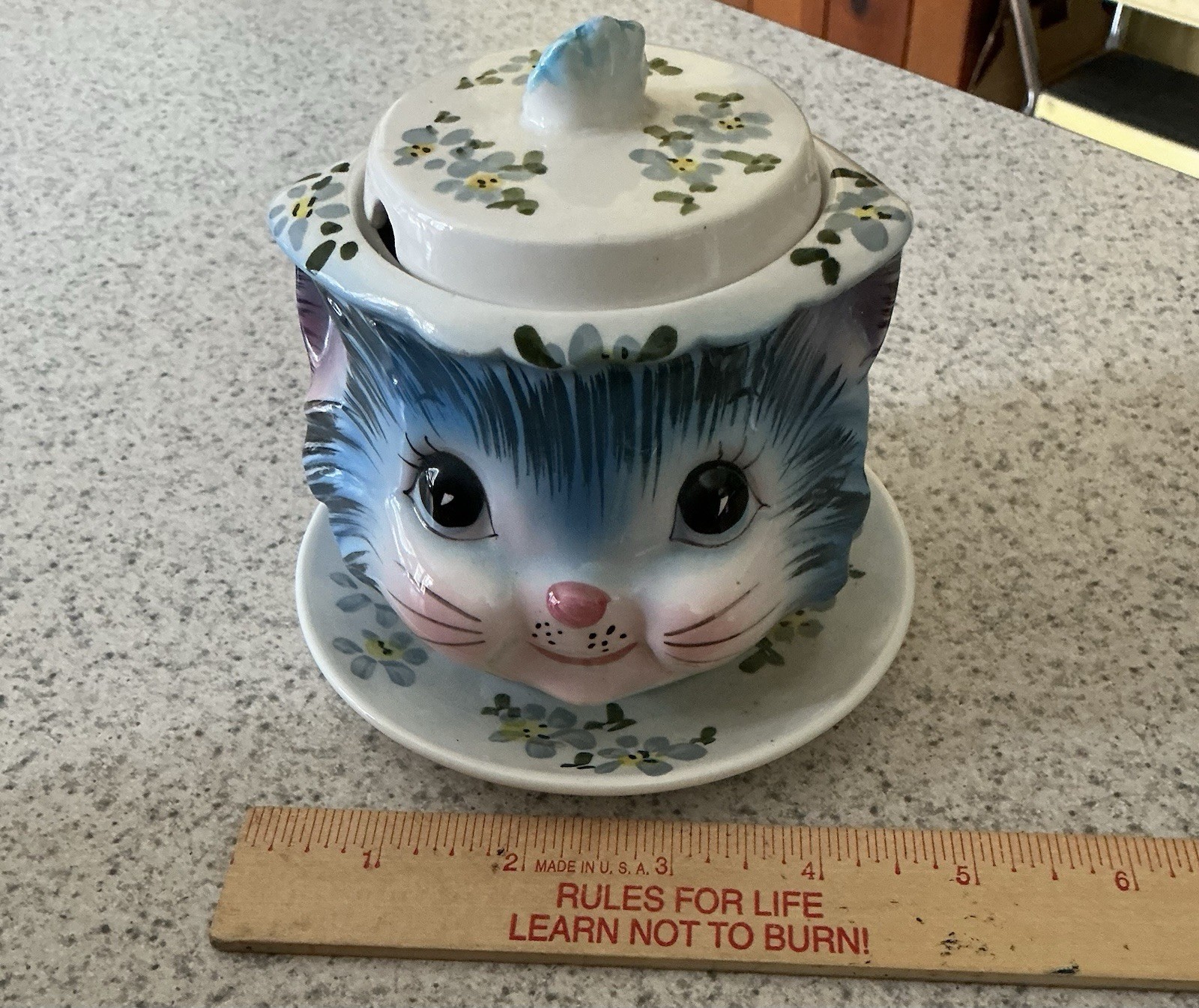 Vintage Lefton Miss Priss Blue Kitty Jelly/Jam With Under plate With Lid
