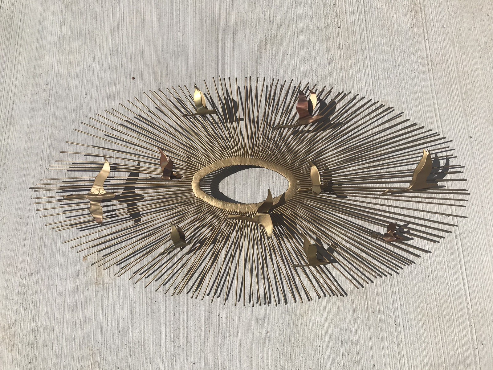 VTG Curtis Jere Flying Birds Sunburst Mid Century Modern Wire Wall Hanging Brass