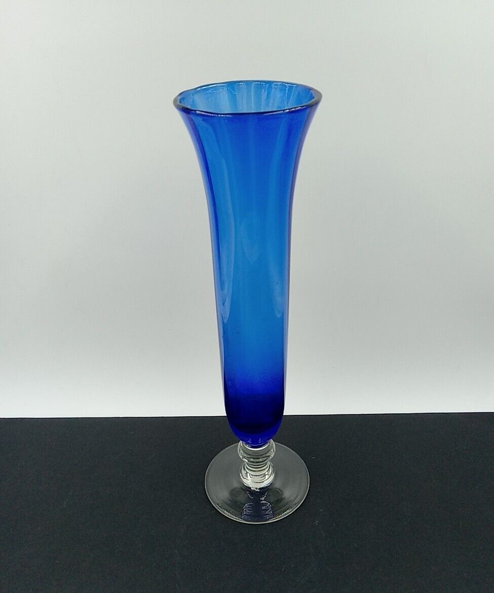 Vintage Cobalt Blue Swirl Bud Vase With Pressed Clear Base Hand Blown Fluted