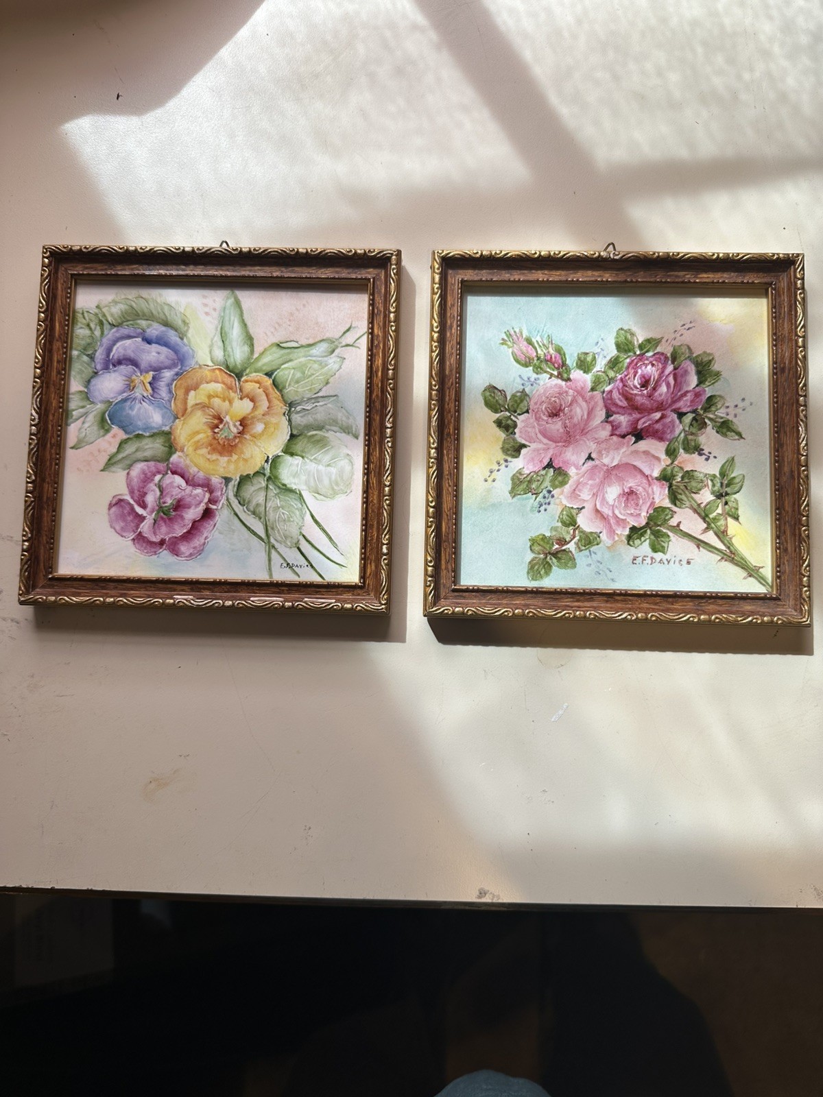 Vintage E.F. Davies Hand Painted Floral Tile Art Pair Roses Pansies Japan Frames