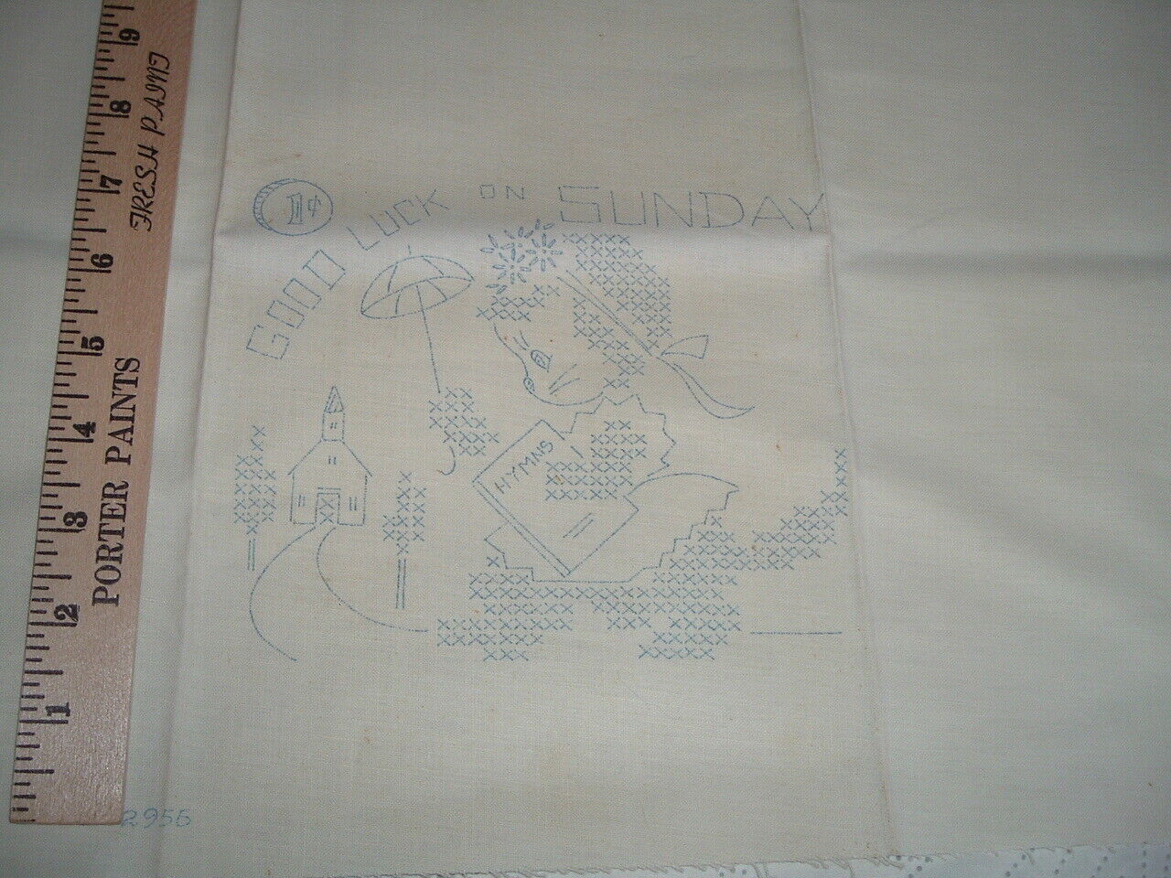 Vtg 40s Cat DOW Sunday Church Linen Tea Towel Stamped For Embroidery 18x30 #PB8