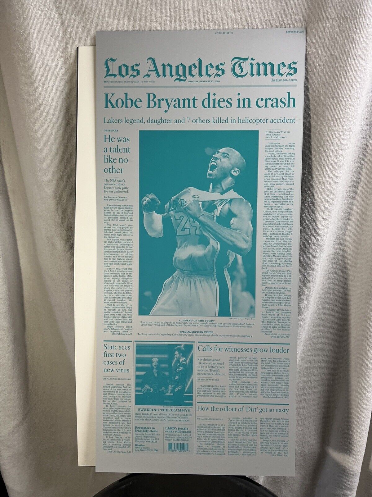 LA Times Kobe Bryant Newspaper 23.5 X 10 7/8 Rare Collectible Printing Plate