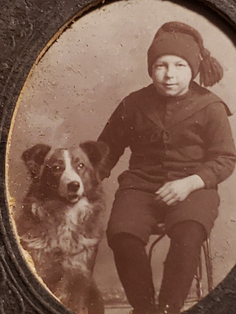 Antique 1900s Edwardian Photo Oval Mount Boy Stocking Cap Border Collie Dog Antique 1900s Edwardian Photo Oval Mount Boy Stocking Cap Border Collie Dog