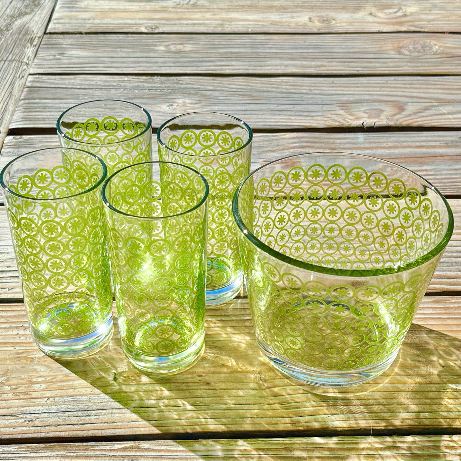 Vintage MCM Atomic Starburst Asterisk Highball Cocktail Glasses W/ Ice Bucket Vintage MCM Atomic Starburst Asterisk Highball Cocktail Glasses W/ Ice Bucket