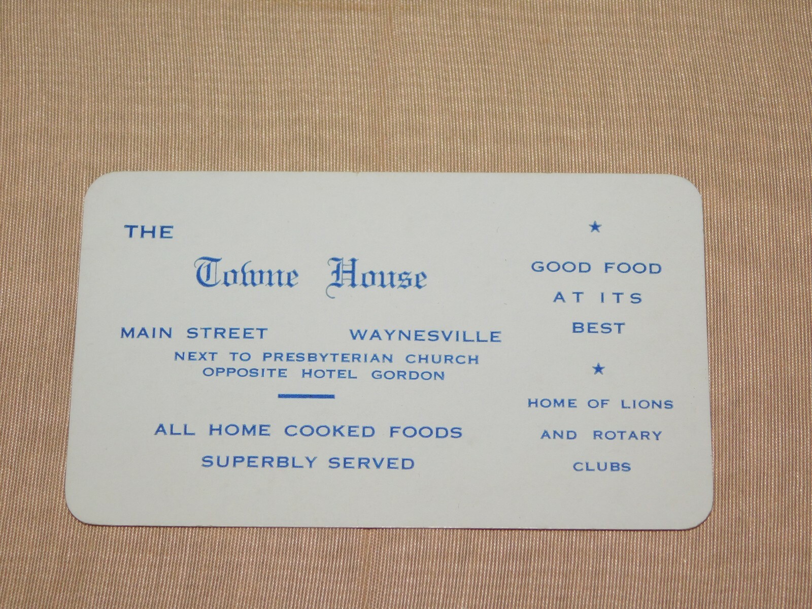 VINTAGE BUSINESS CARD TOWNE HOUSE WAYNESVILLE 