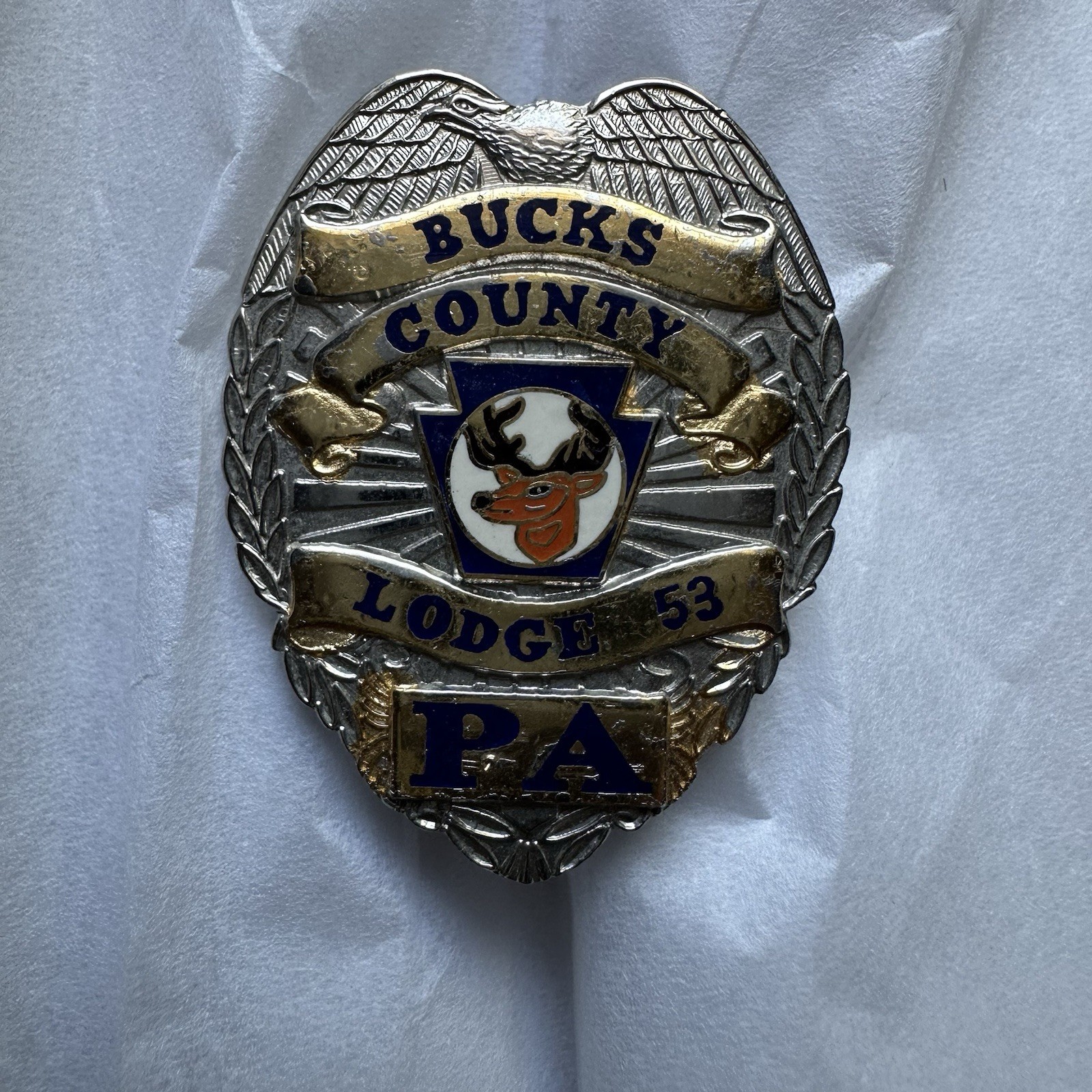 VINTAGE PENNSYLVANIA BUCKS COUNTY LODGE 53 SILVER GOLD TONE PIN OBSOLETE MOOSE VINTAGE PENNSYLVANIA BUCKS COUNTY LODGE 53 SILVER GOLD TONE PIN OBSOLETE MOOSE