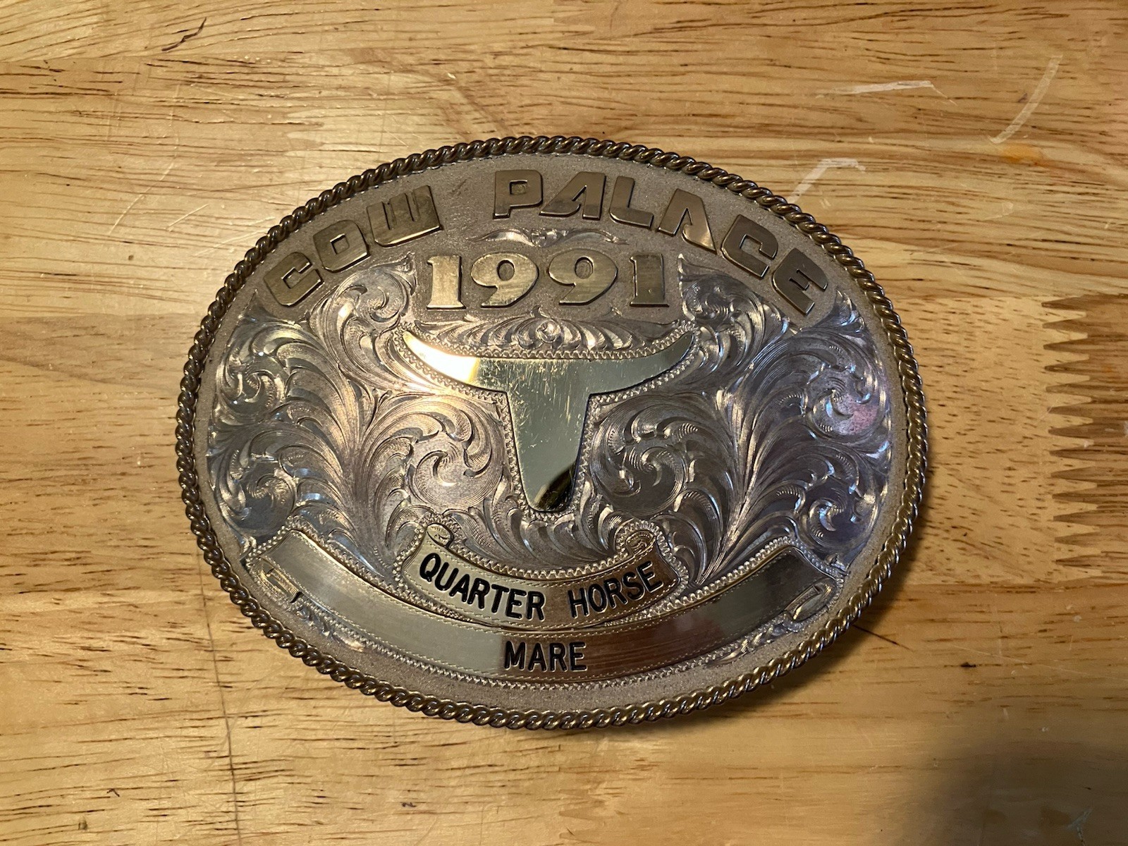 Vtg 1991 Cow Palace Quarter Horse Mare Belt Buckle Sterling 1/10 10K Gold Fill Vtg 1991 Cow Palace Quarter Horse Mare Belt Buckle Sterling 1/10 10K Gold Fill