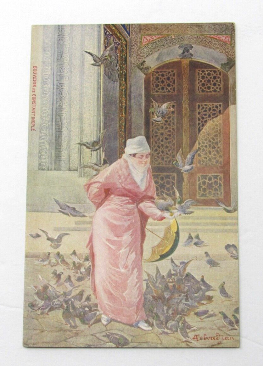 c1907 Armenian Artist Arshak Fetvadjian Art Postcard Turkish Woman Birds Signed