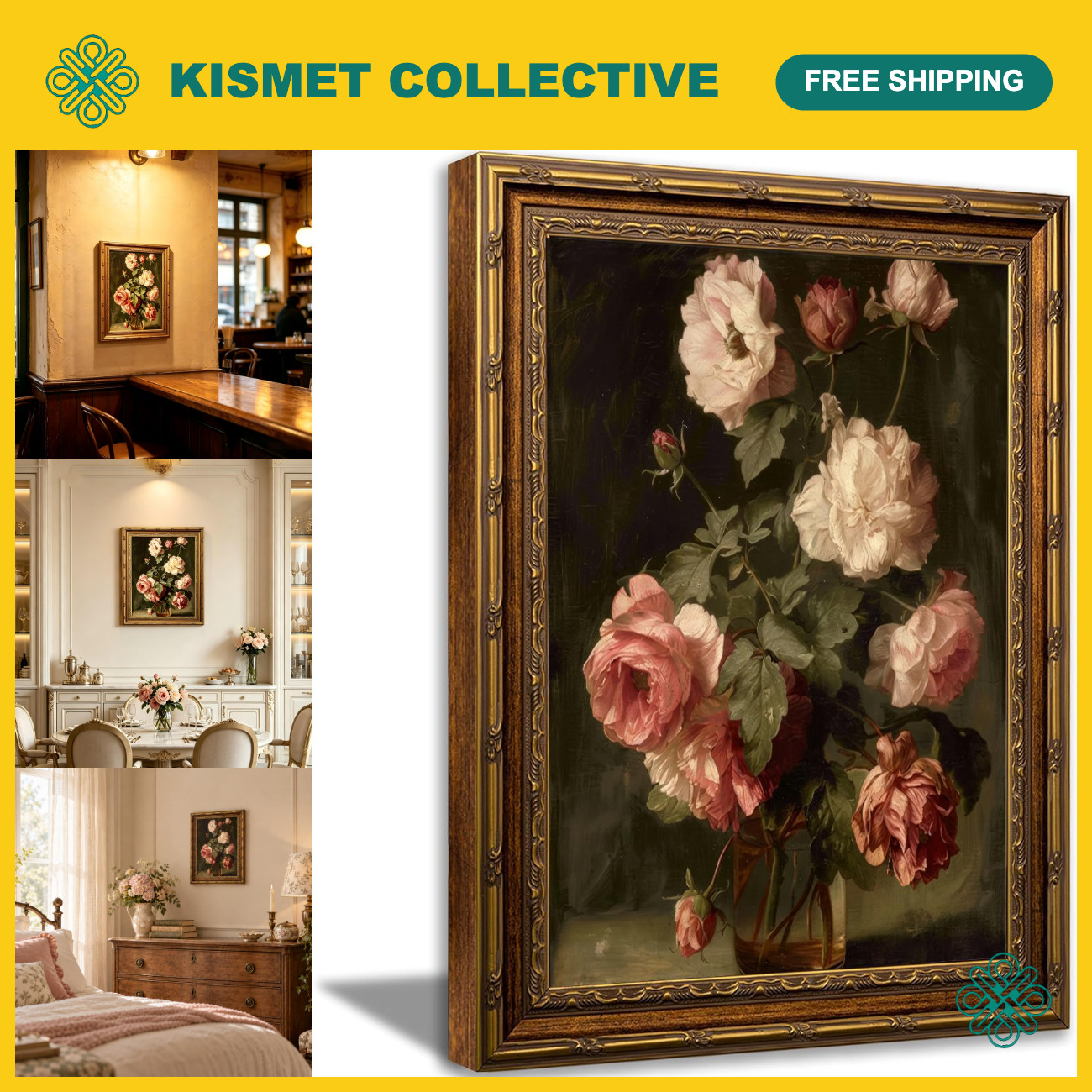 Vintage Floral Still Life Wall Art - Rose Gold Framed Decor 11x9 Inches Vintage Floral Still Life Wall Art - Rose Gold Framed Decor 11x9 Inches