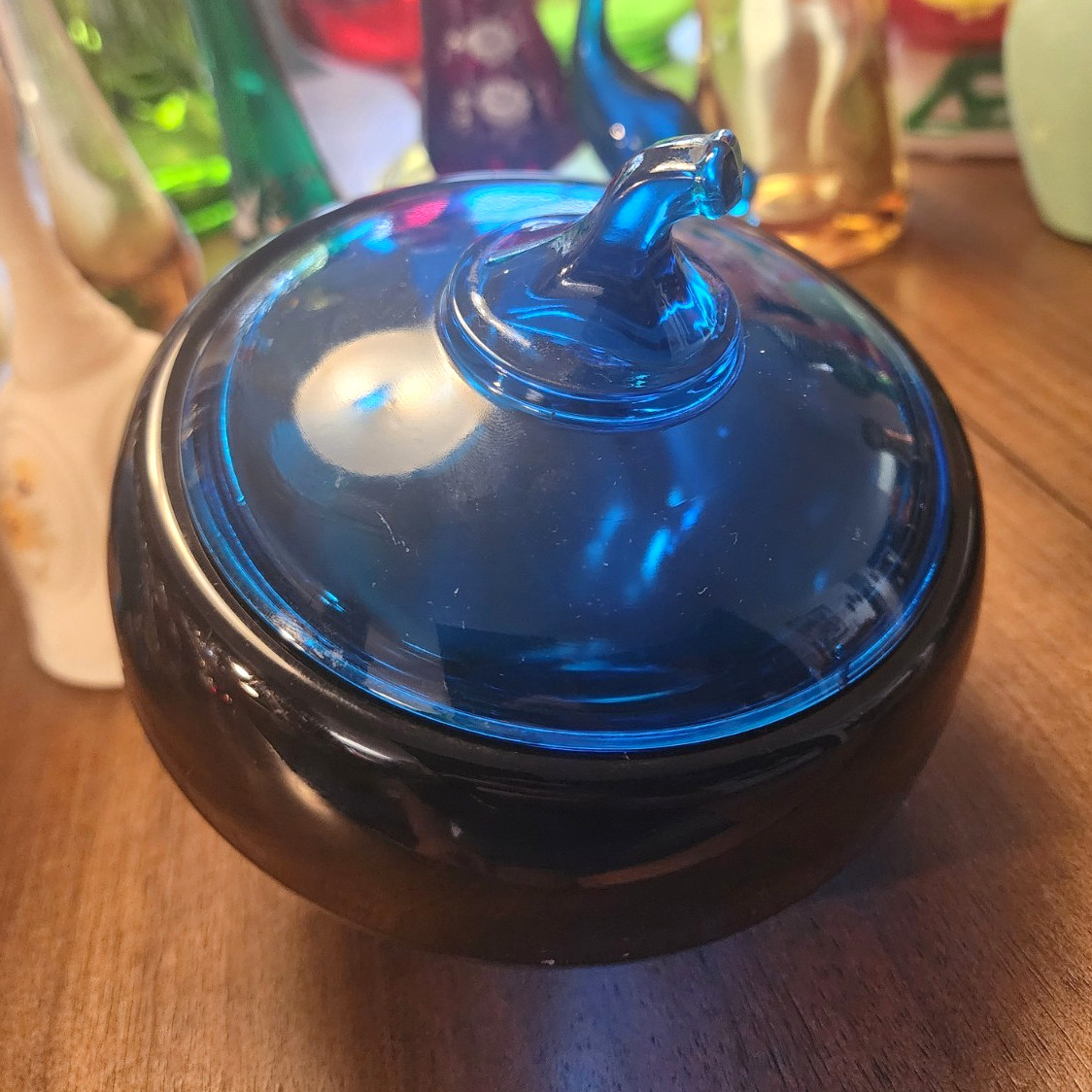 HTF Vintage 6" Viking Glass Bluenique Blue Orbital Sphere Lidded Candy Jar MCM
