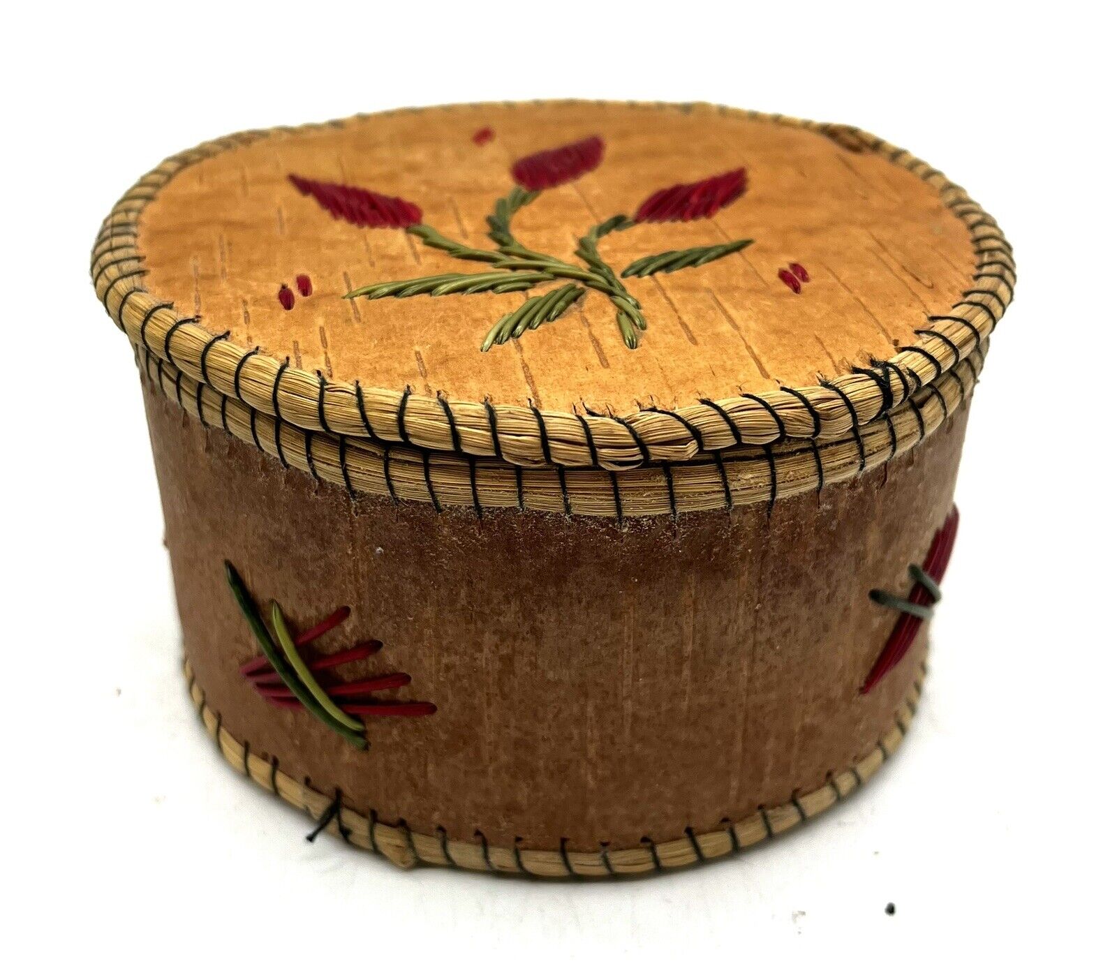 Native American Porcupine Quill Birch Bark and Grass Round Box Red Flowers, 4\