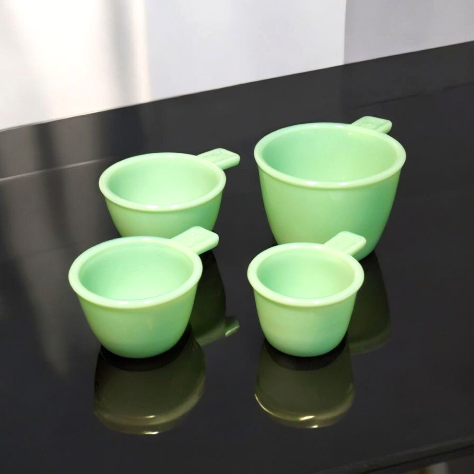 Green Jadeite Glass Depression Style Nesting Measuring Cups, Bowl, Dish, Kitchen Green Jadeite Glass Depression Style Nesting Measuring Cups, Bowl, Dish, Kitchen