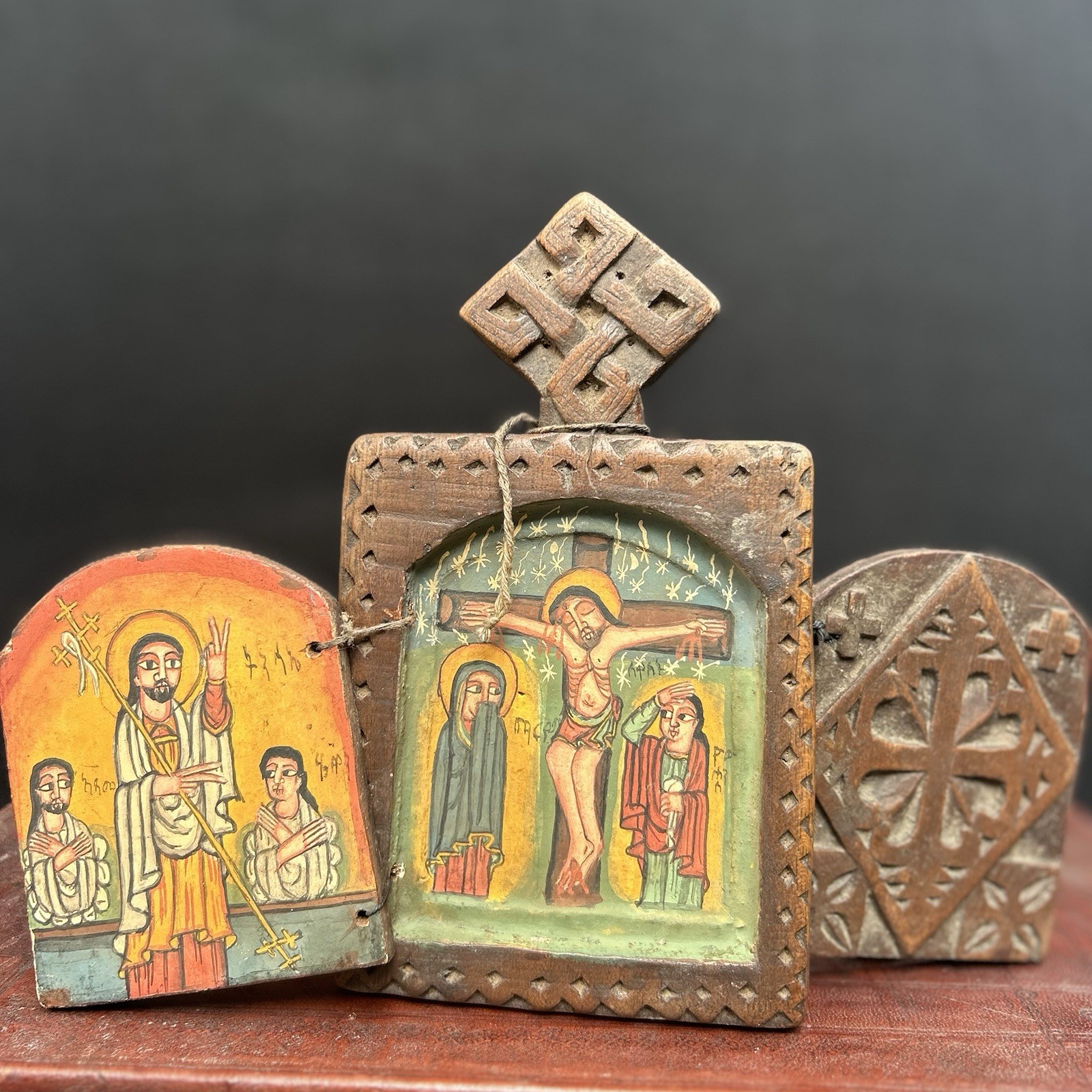 Vintage Ethiopian Orthodox Folding Wood Icon Crucifixion Mary Child St George