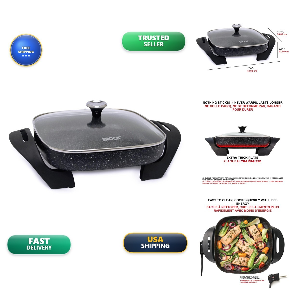 Starfrit The Rock Electric Skillet 12" x 12" 1200W Glass Lid