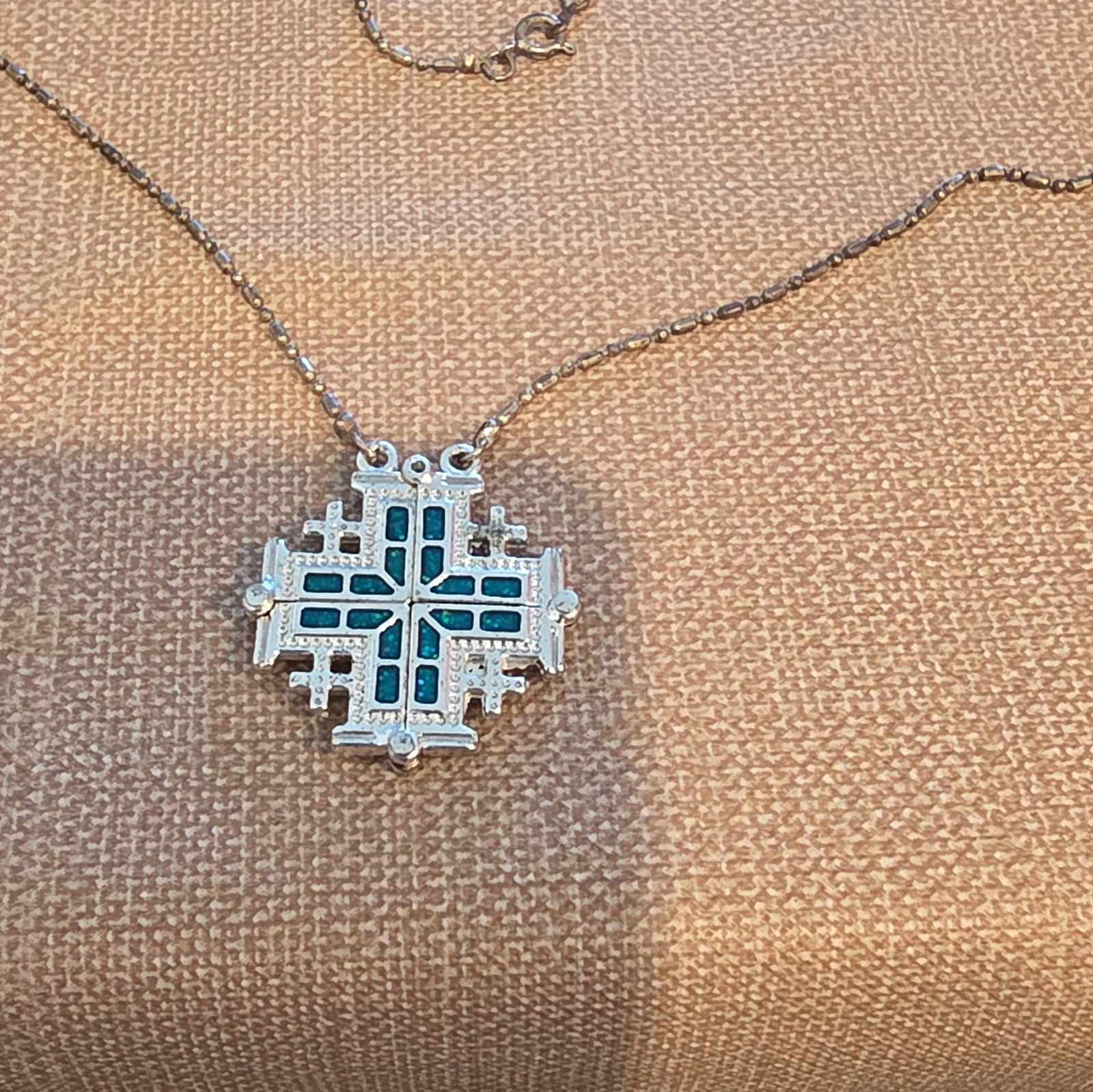 Vintage Jerusalem Cross Necklace Convertible Magnetic Opening Pendant Blue Opal Vintage Jerusalem Cross Necklace Convertible Magnetic Opening Pendant Blue Opal