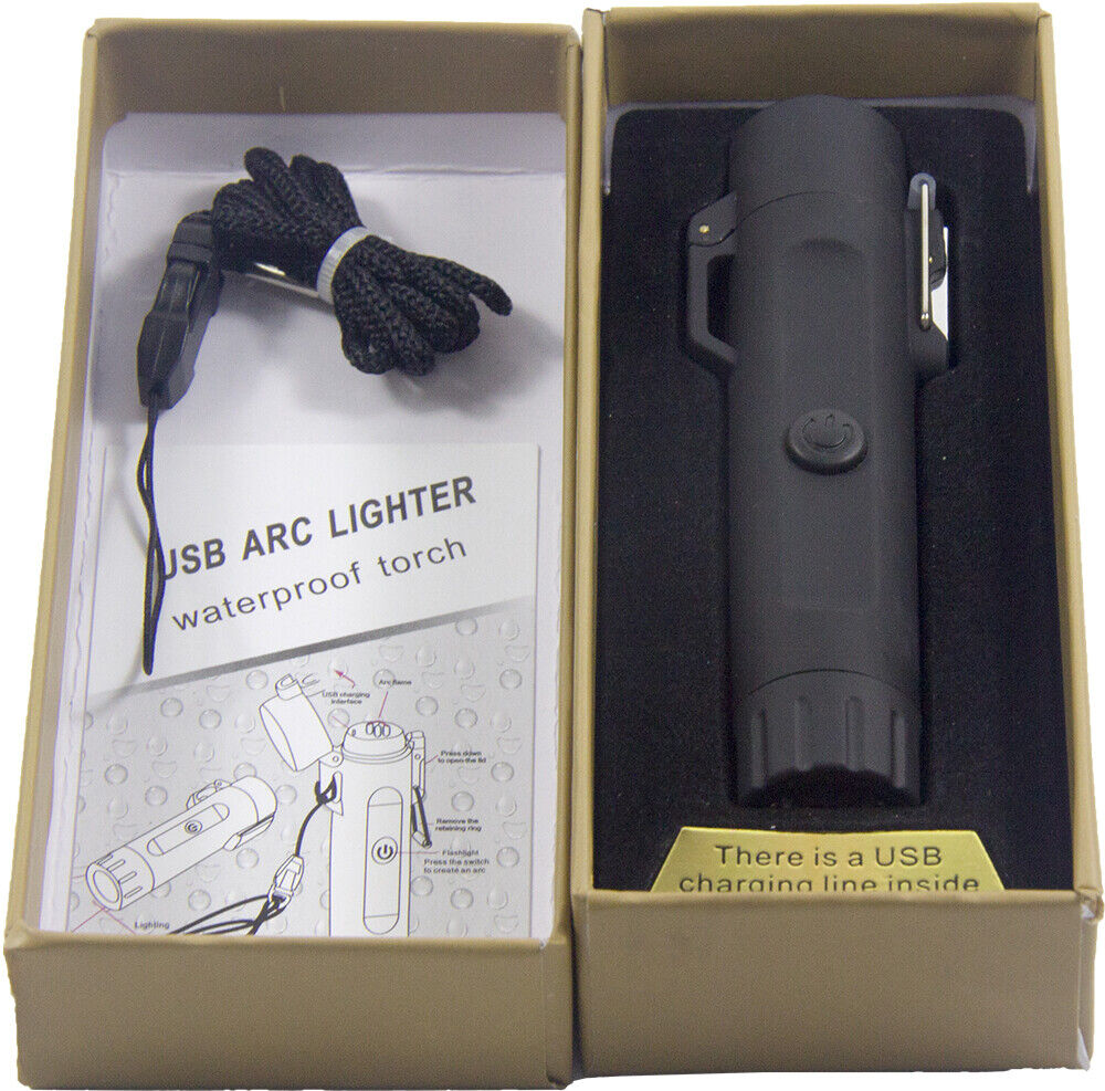 Dual Arc Plasma Electric Flameless USB Waterproof Lighter LED Flashlight Compass