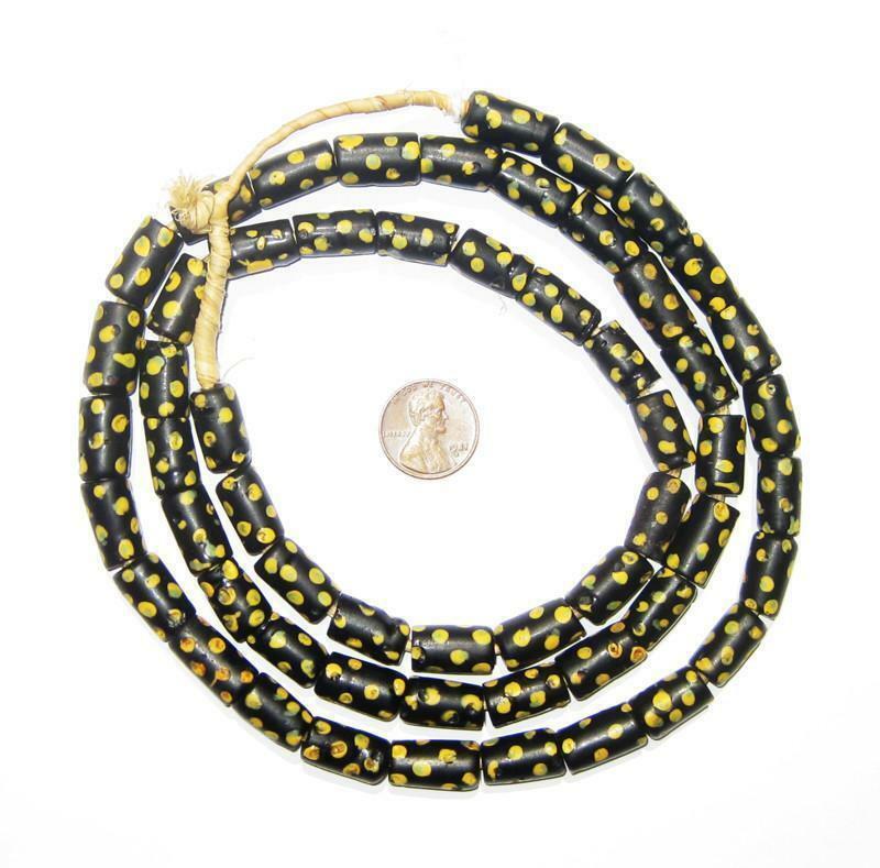 Antique Black & Yellow Dot Venetian Good Beads Long Strand 9mm West Africa Glass