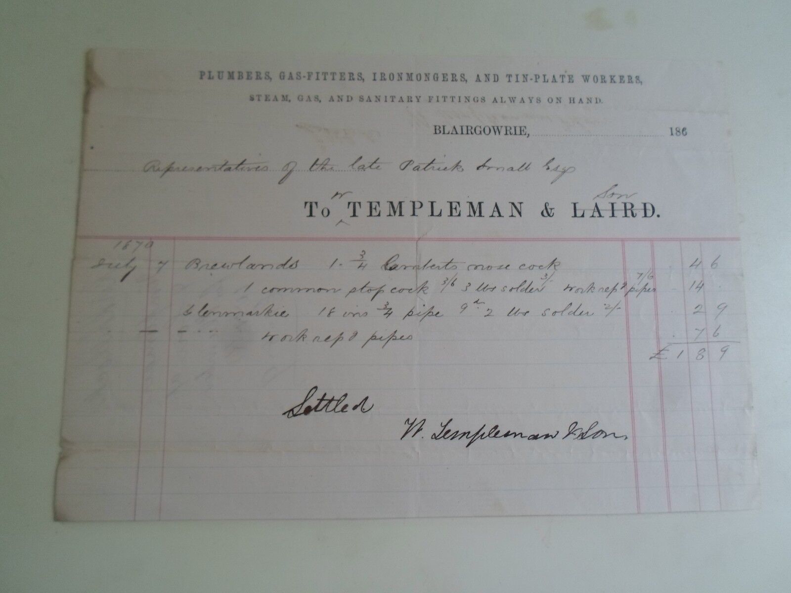 Victorian Invoice TEMPLEMAN & LAIRD, Blairgowrie Dated 1870             §JW5