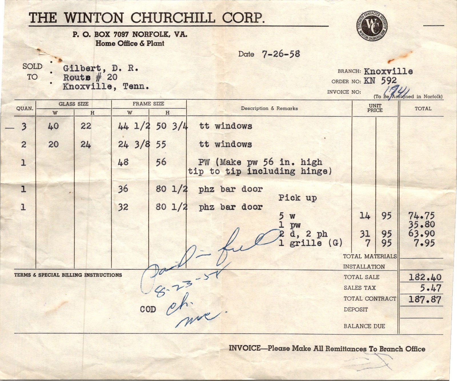The Winton Churchill Corp 7-26-58 Norfolk VA Antique Letterhead Billhead 5A29