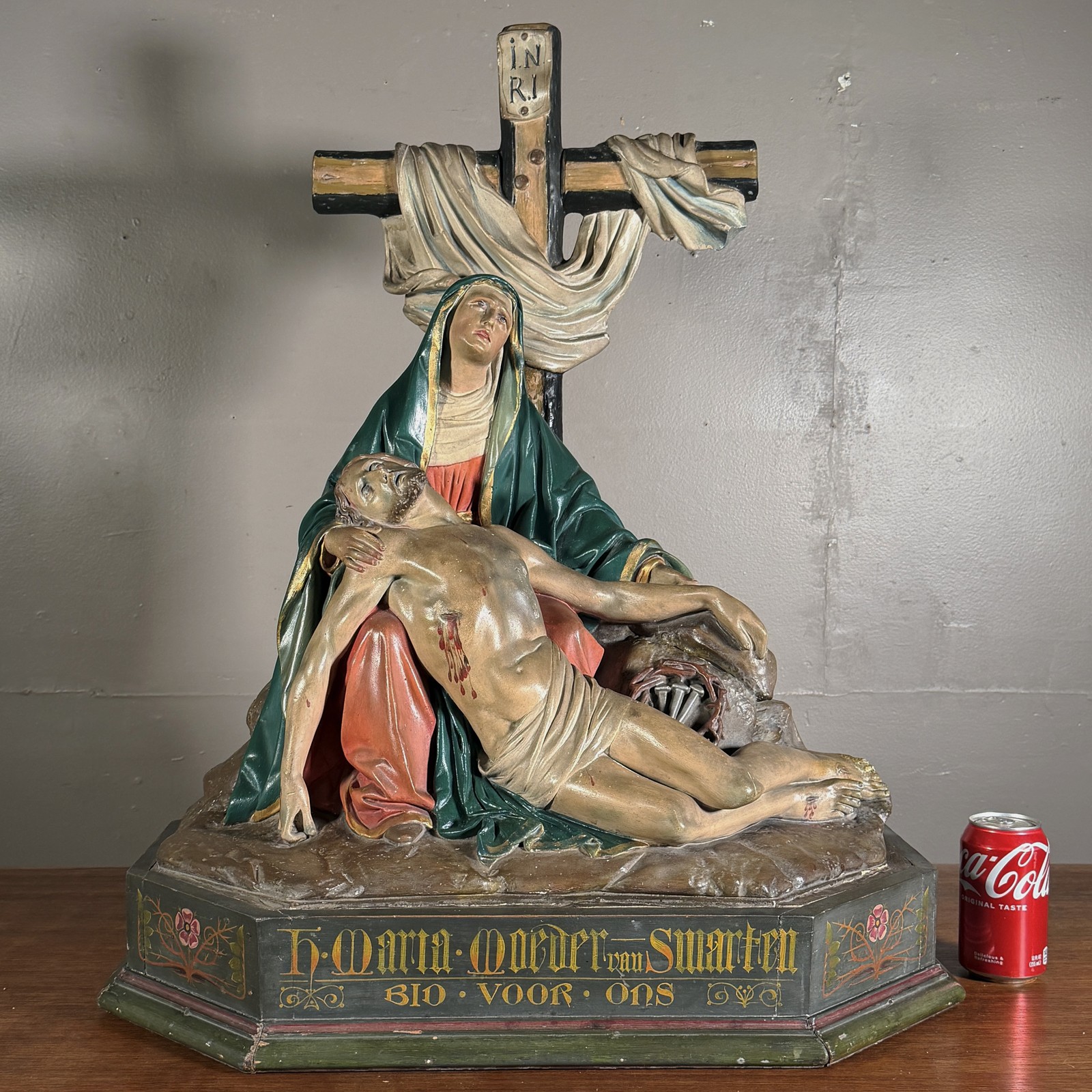 Antique Belgian Pieta Statue Wood & Plaster Virgin Mary Jesus Cross Polychrome Antique Belgian Pieta Statue Wood & Plaster Virgin Mary Jesus Cross Polychrome